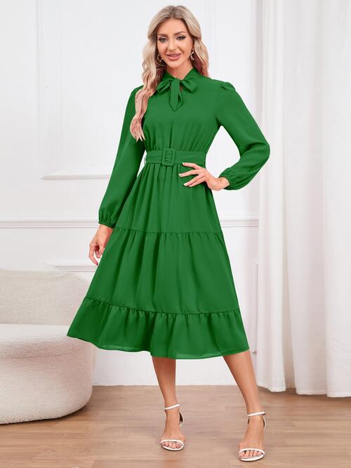 Womens Fashion Tie Neck Long Sleeve Tiered Midi Dress