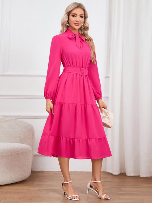 Womens Fashion Tie Neck Long Sleeve Tiered Midi Dress