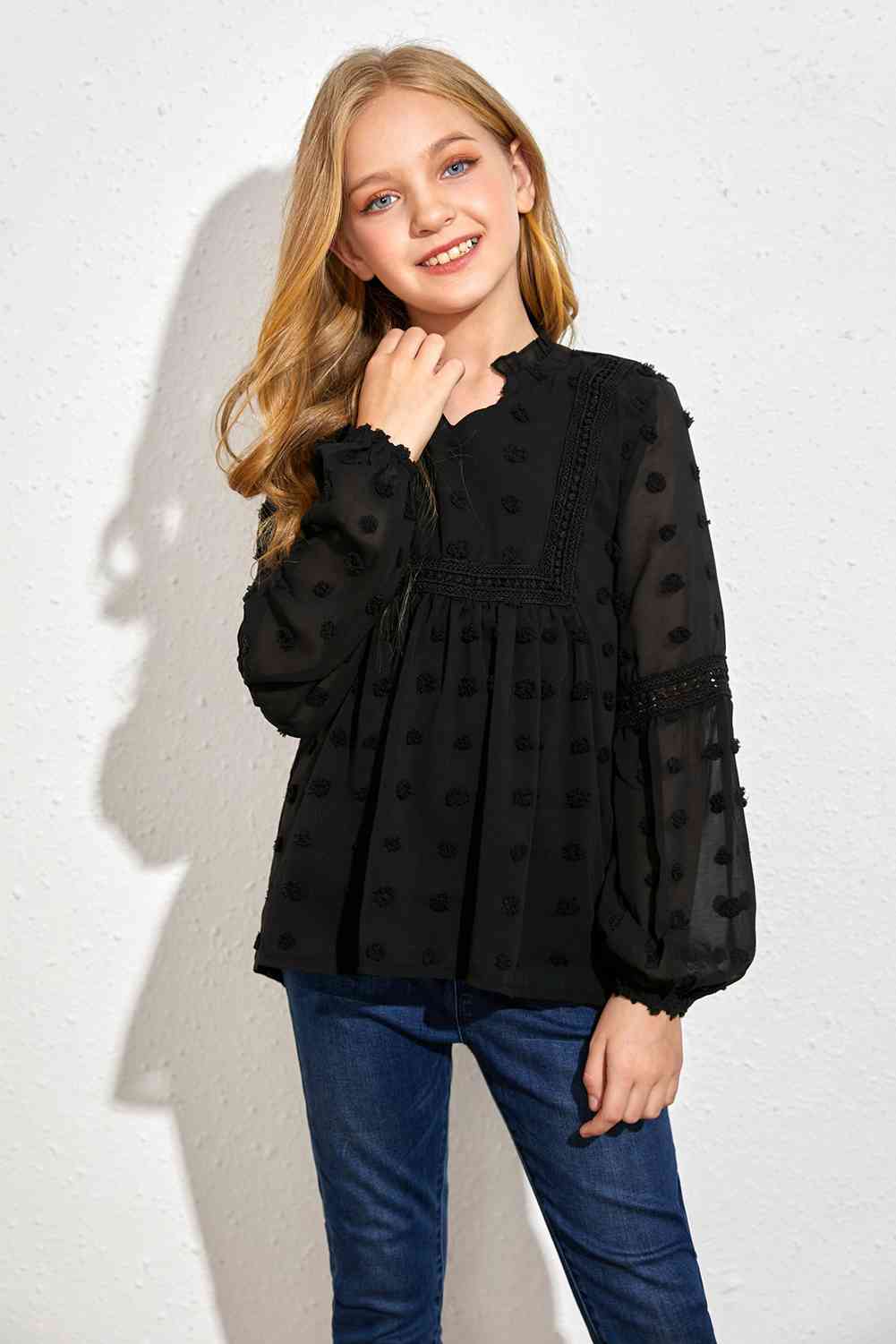 Girls Swiss Dot Spliced Lace Notched Blouse Kids Fashion