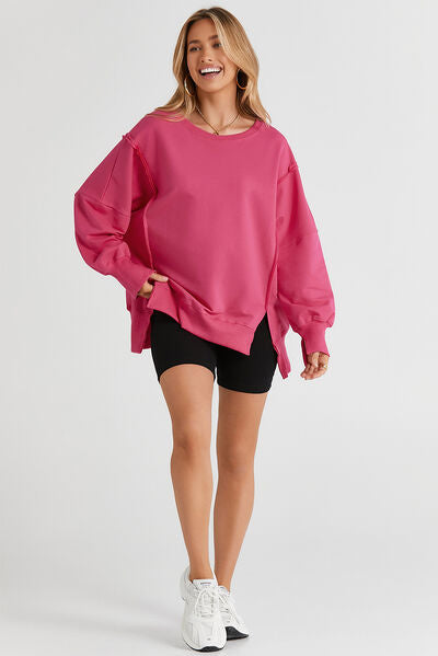 Fashion Sweater Slit Exposed Seam Round Neck Sweatshirt