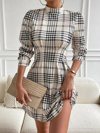 Houndstooth Mock Neck Cinched Casual Long Sleeve Mini Dress