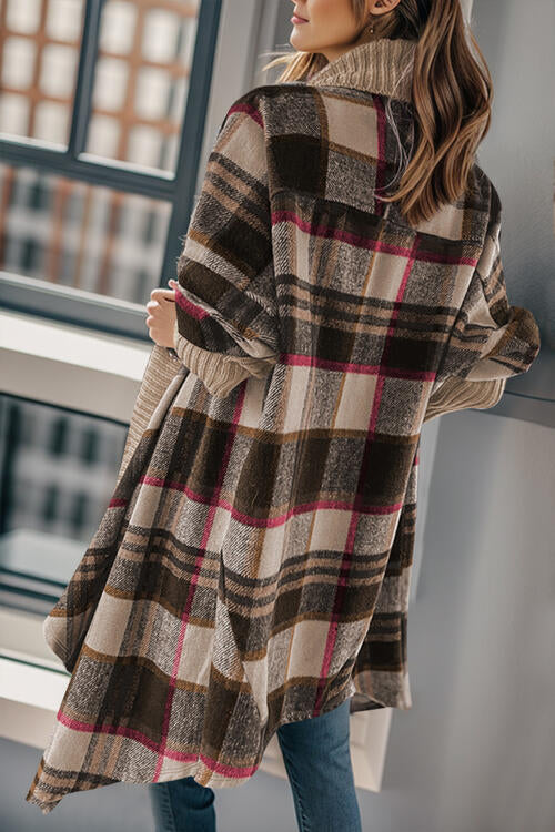 Plaid Open Front Long Sleeve Long Cardigan