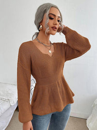 Notched Dropped Shoulder Knit Long Sleeve Top