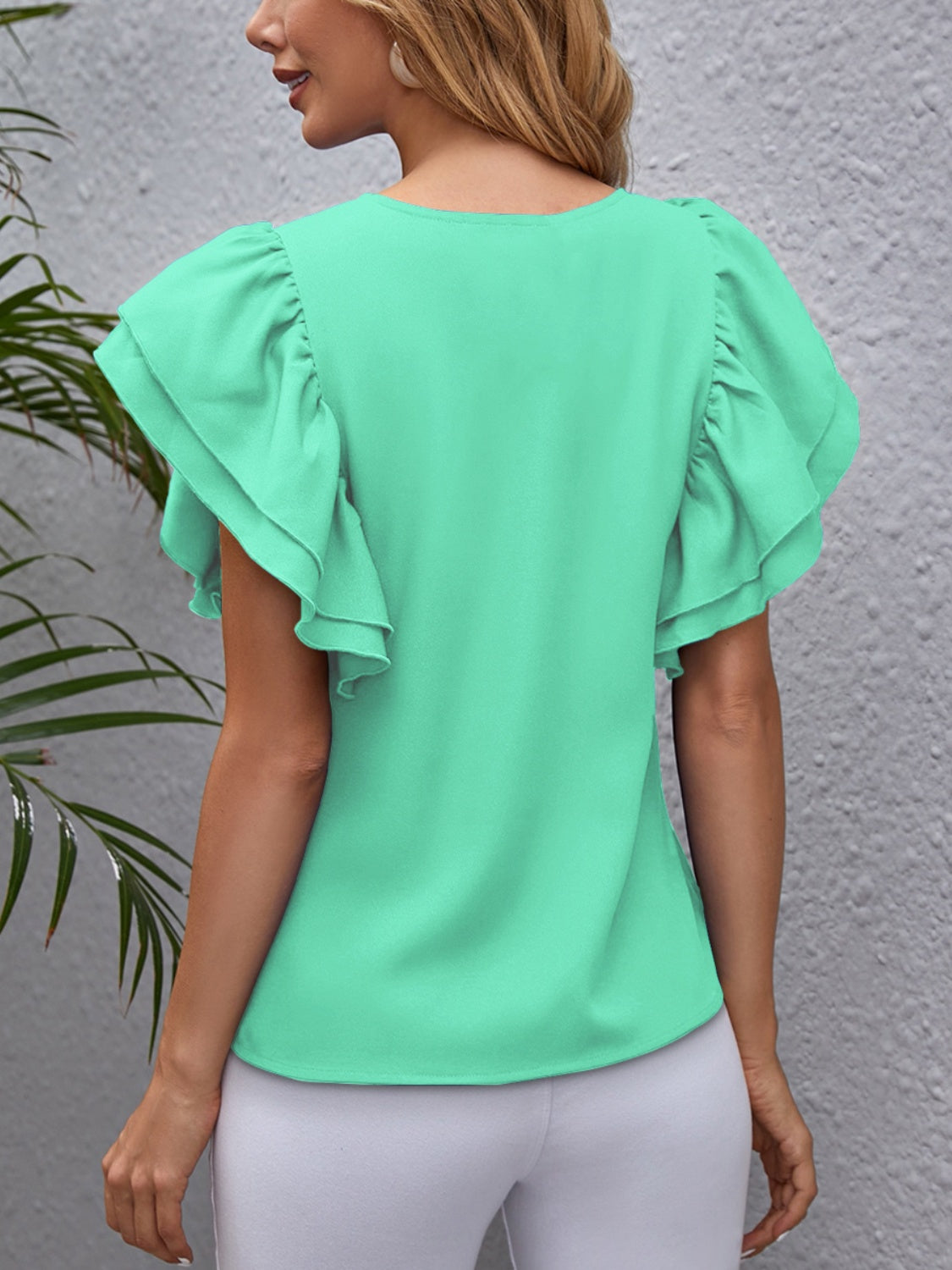 Round Neck Flounce Sleeve Blouse Solid Color Women's Short Sleeve Top