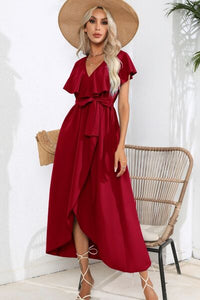 Ruffled Waist Tied V-Neck Midi Maxi Dress Casual Womens Fashion