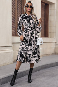 Floral Balloon Sleeve Tied Long Sleeve Casual Midi Dress