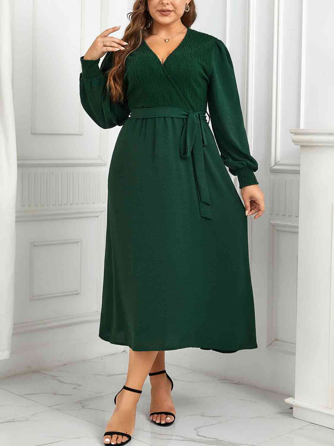 Plus Size Dress Green Surplice Neck Tie Waist Long Sleeve Midi Dress Casual Wear and Workwear