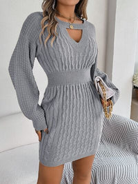 Cable-Knit Cutout Round Neck Slit Long Sleeve Sweater Dress