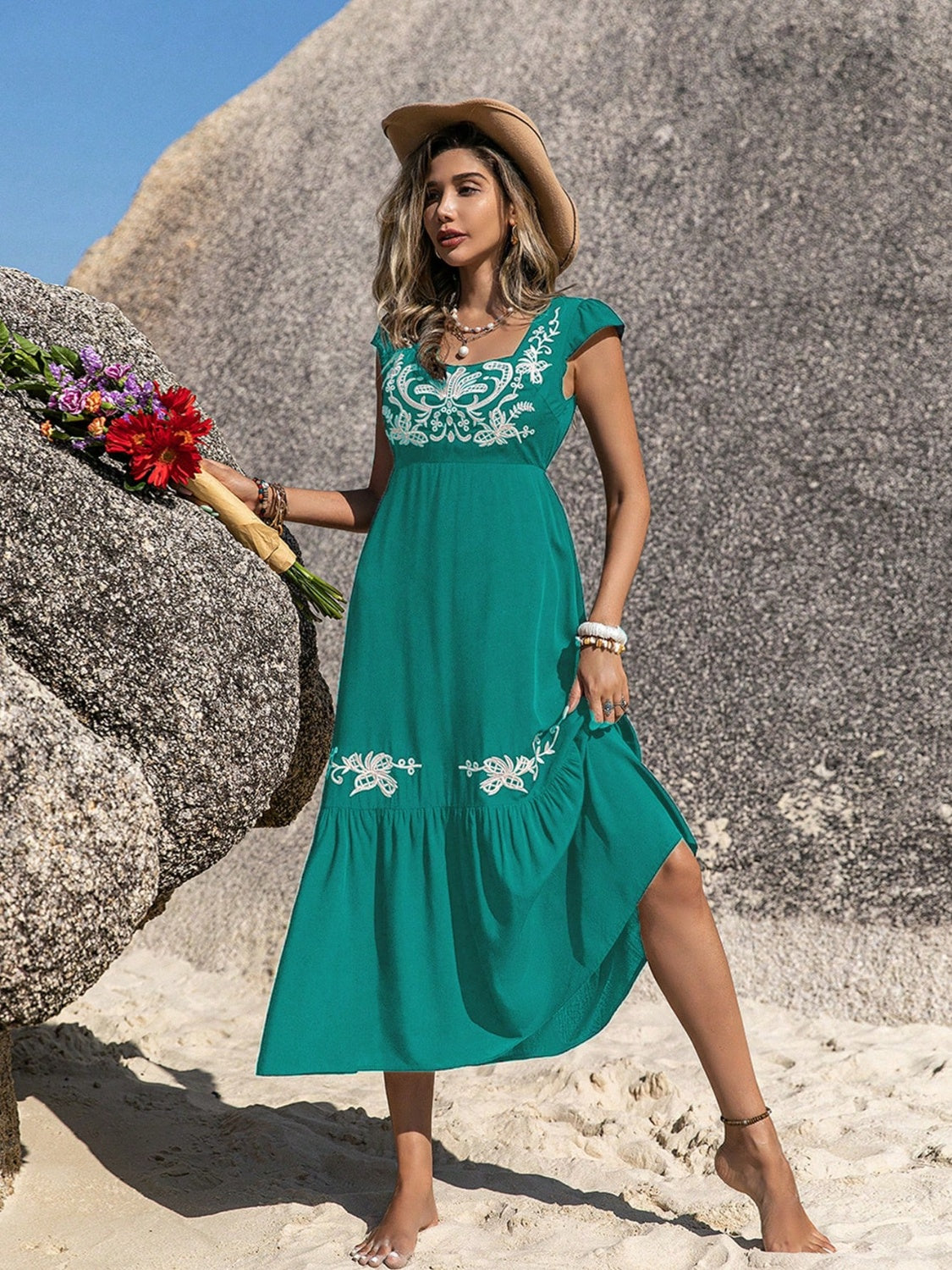 Boho Midi Dress Women's Casual Embroidered Square Neck Cap Sleeve Long Dress