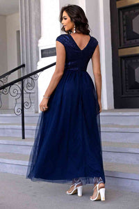 Sequin V-Neck Mesh Puffy Elegant Maxi Formal Party Dress