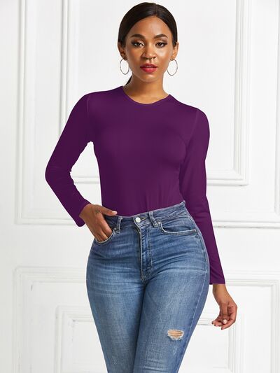 Round Neck Long Sleeve Womens Top Bodysuit