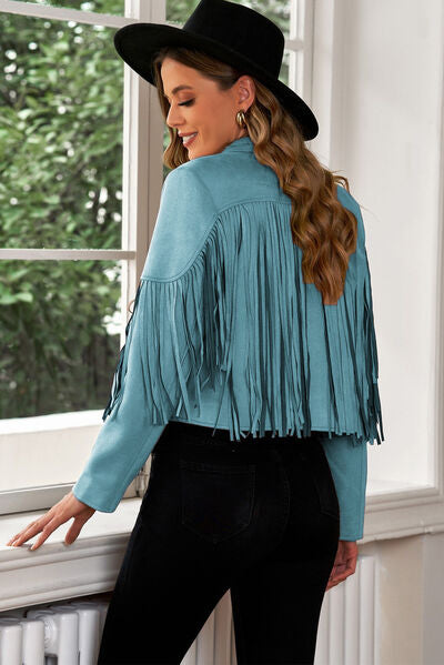 KESLEY Fringe Jacket Trim Lapel Collar Cropped Blazer Cowboy Boho Style Tassel-fringe Coat