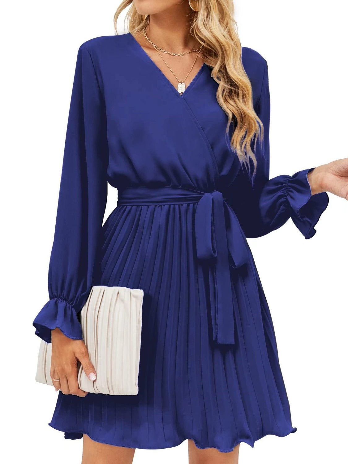 Long Sleeve Short Dress Women's Fashion Surplice Flounce Sleeve Pleated Mini Dress KESLEY