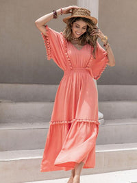 Tassel Trim Smocked V-Neck Short Sleeve Maxi Dress