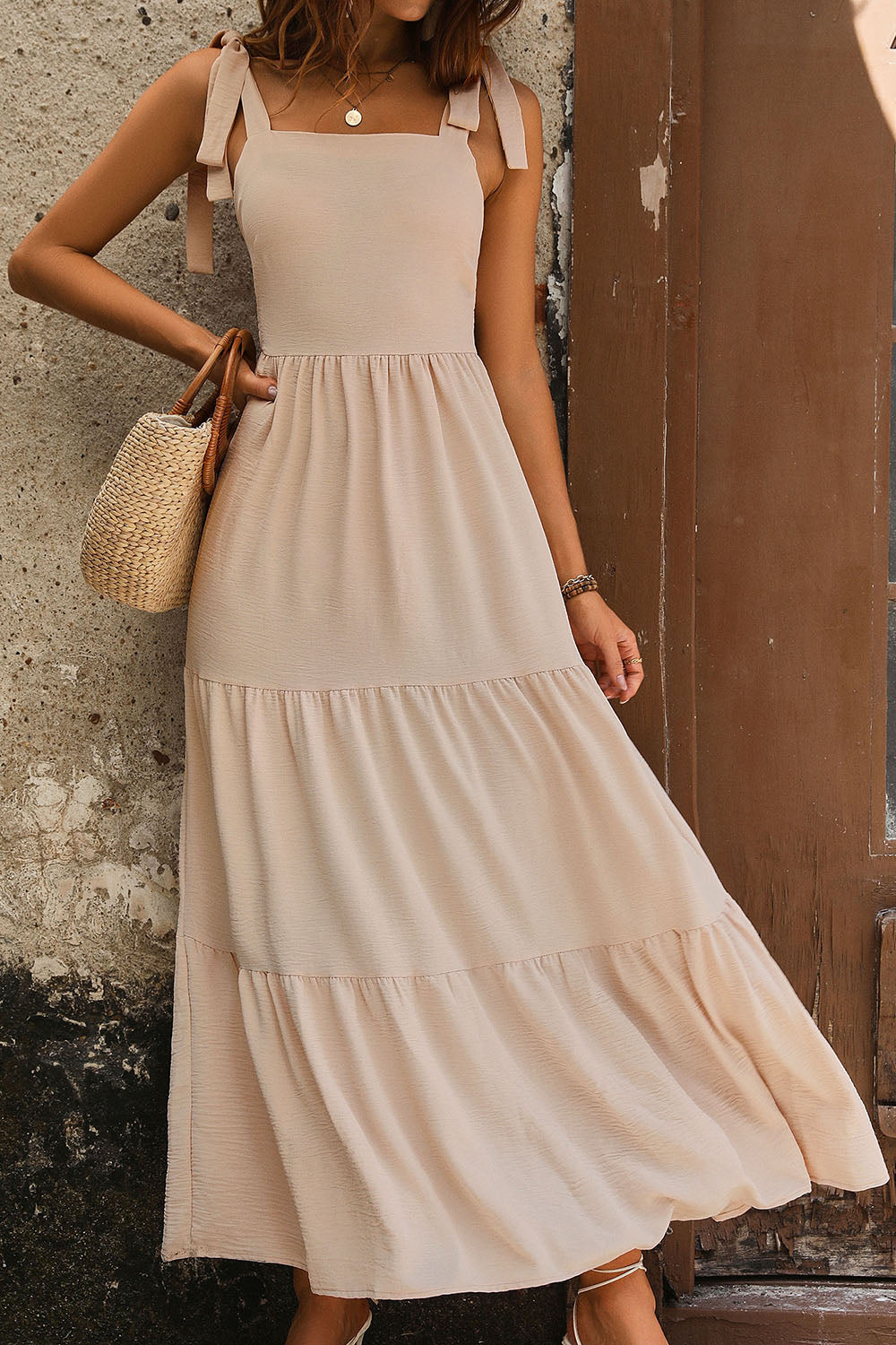 Beige Casual Midi Dress New Women's Fashion Tie Shoulder Smocked Tiered Long Dress