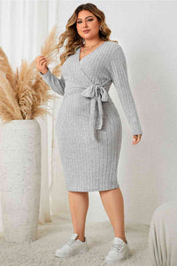 Plus Size Grey Surplice Neck Casual Long Sleeve Slit Dress