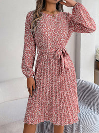 Ditsy Floral Tie Waist Pleated Long Sleeve Dress Women's Casual Wear and Workwear Fashion