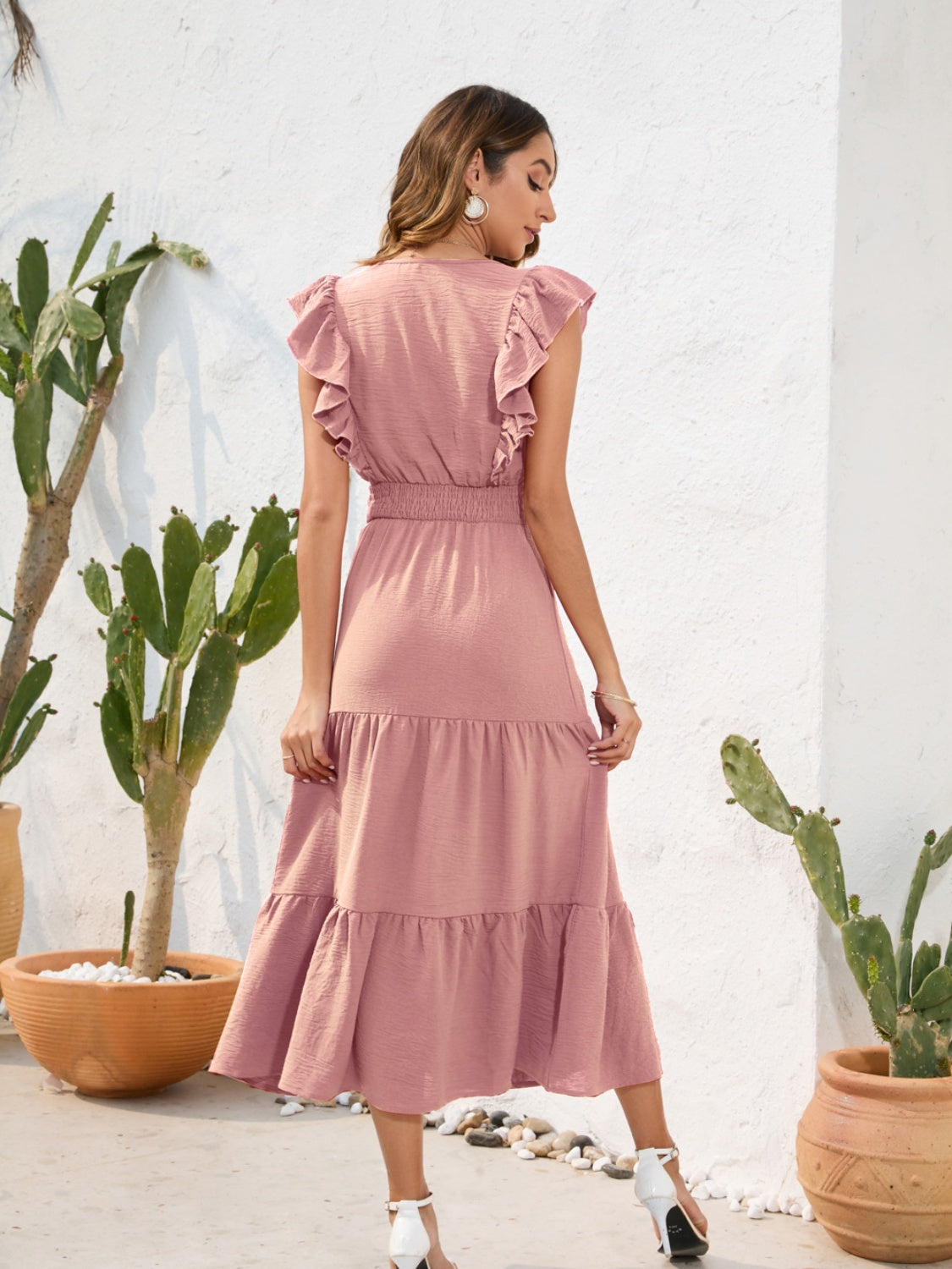 Cinch Waist Tiered Ruffled V-Neck Short Sleeve Maxi Dress New Women's Fashion casual day dresses