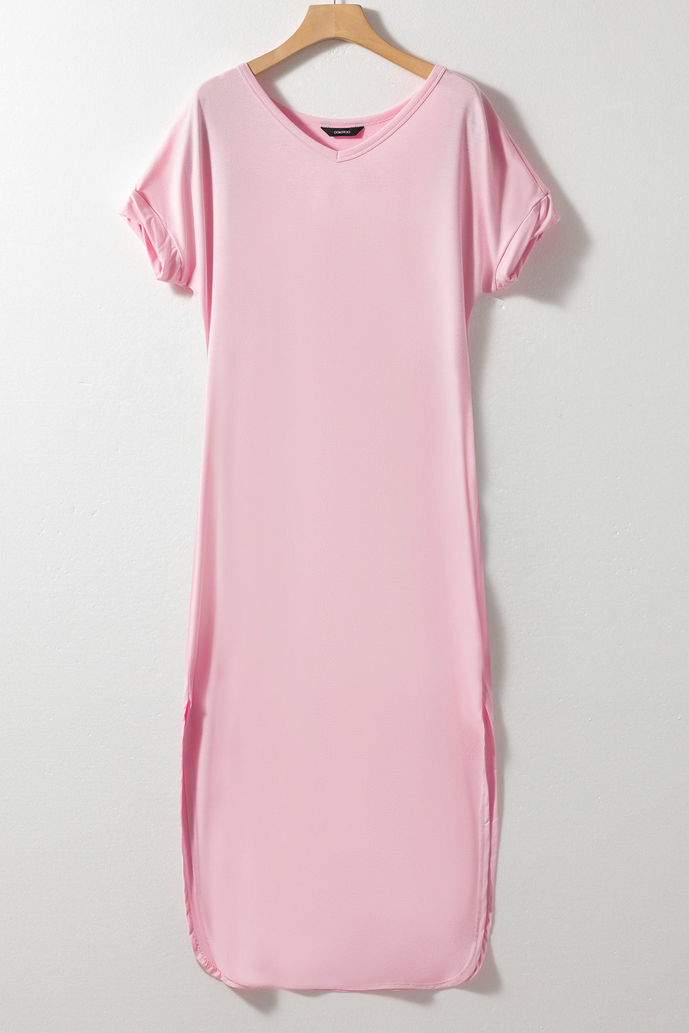 Pink Slit Pocketed V-Neck Short Sleeve Shirt Dress with pockets casual wear women's fashion