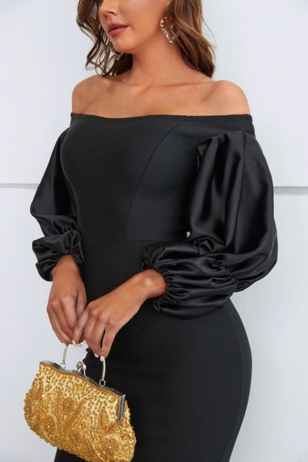 Off-Shoulder Bubble Sleeve Slit Evening Maxi Dress