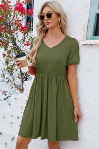 Womens V-Neck Balloon Short Sleeve Dress