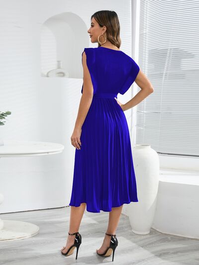 Round Neck Tie -Waist Pleated Short Sleeve Midi Dress Womens Fashion