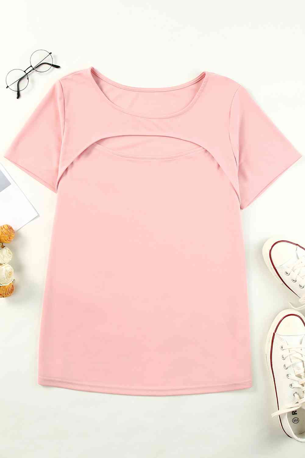 Plus Size Cutout Round Neck Short Sleeve Tee