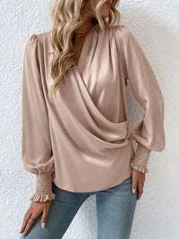 New Fashion Surplice Smocked Lantern Long Sleeve Blouse