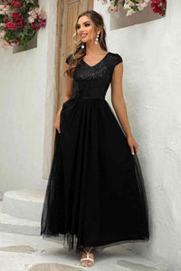 Sequin V-Neck Mesh Puffy Elegant Maxi Formal Party Dress