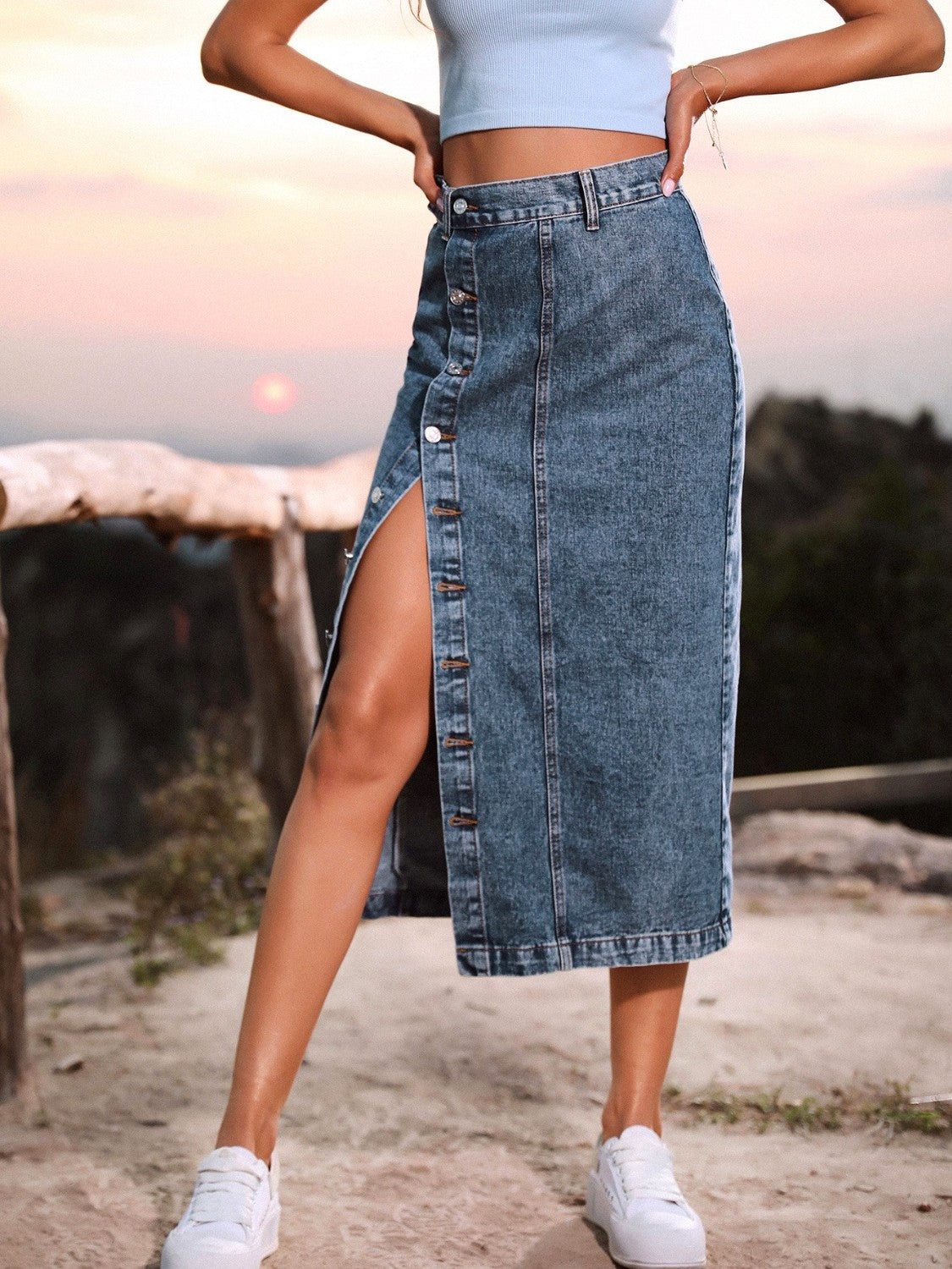 Women's Jean Denim Skirt Button Down High Slit Versatile Fashion Cotton