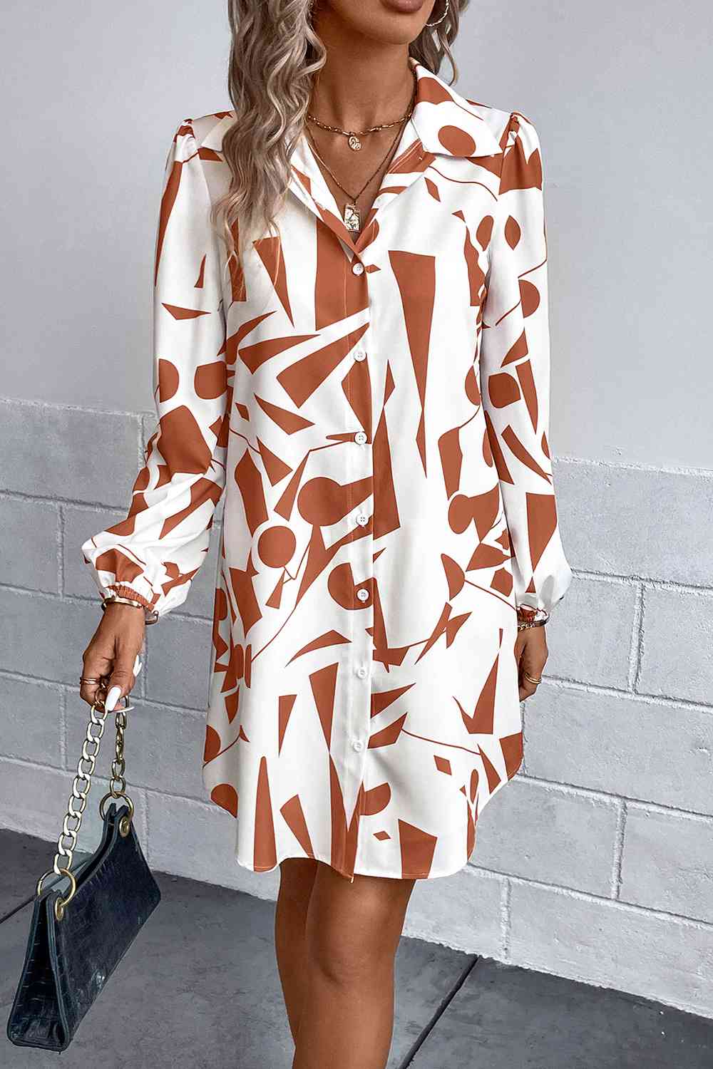 Women's Casual Black and White Geometric Pattern Long Sleeve Shirt Dress