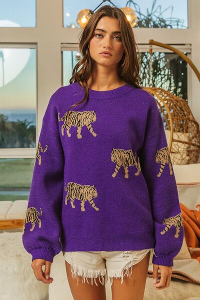 Womens Fashion Tiger Pattern Long Sleeve Sweater