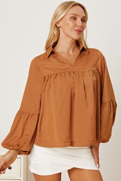 Women's Casual Long Sleeve Shirt V Neck Balloon Sleeve Collared Neck Blouse