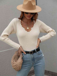 Long Sleeve Shirt Women's V-Neck Ribbed Knit Top