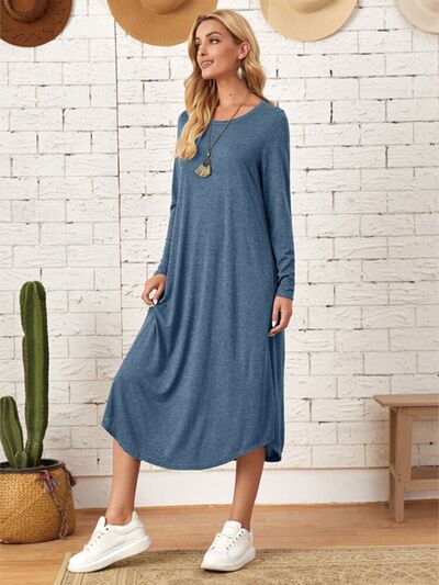 Women's Casual Maxi T-Shirt Dress With Pockets Loungewear Fashion Pocketed Round Neck Long Sleeve Tee Dress