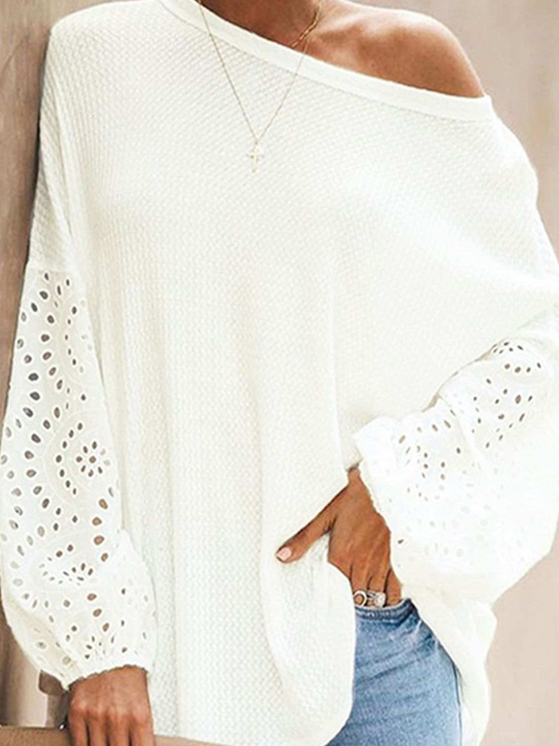 Women's White Long Sleeve Shirt Openwork Lace Detail Dropped Shoulder Boat Neck  Loose Fit Blouse