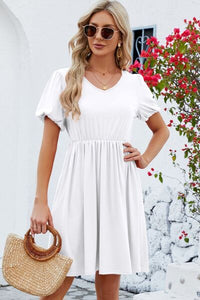 Womens V-Neck Balloon Short Sleeve Dress