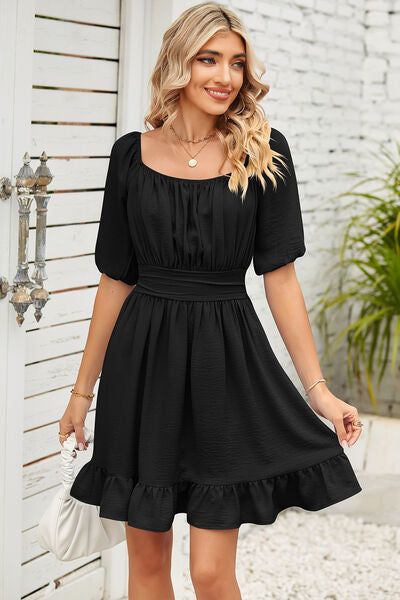 Women's Casual Sundress Backless Ruched Ruffle Hem Short Sleeve Dress