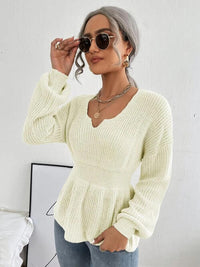 Notched Dropped Shoulder Knit Long Sleeve Top