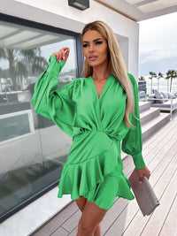 Dress, dresses, casual dresses, long sleeve dresses, green dress, women’s clothing, casual dresses, cute dresses, mini dress, ruffle dress, shiny dress, cute clothes, party dress, lunch date outfits, date outfit 