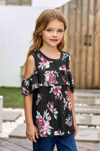 Girls Floral Cold-Shoulder Ruffled Top Kid's Fashion