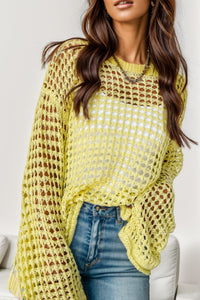 Yellow Crochet Long Sleeve Sweater Openwork Round Neck Dropped Shoulder Knit Top