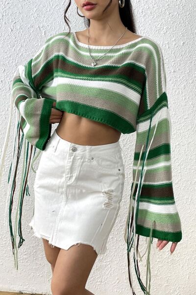 Crop Top Fringe Striped Round Neck Long Sleeve Knit Cropped Sweater