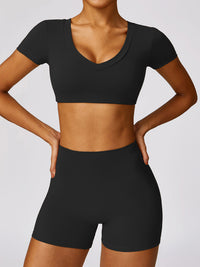 Matching Yoga Outfit Set Women's Crop top and shorts leggings Gym Clothes Scoop Neck Short Sleeve Cropped Active T-Shirt