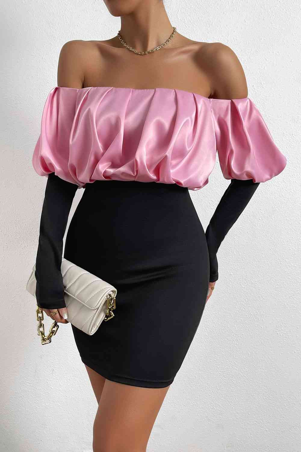 Off-Shoulder Puff Sleeve Mini Pin and Black Long Sleeve Sexy Party Evening Pencil Dress