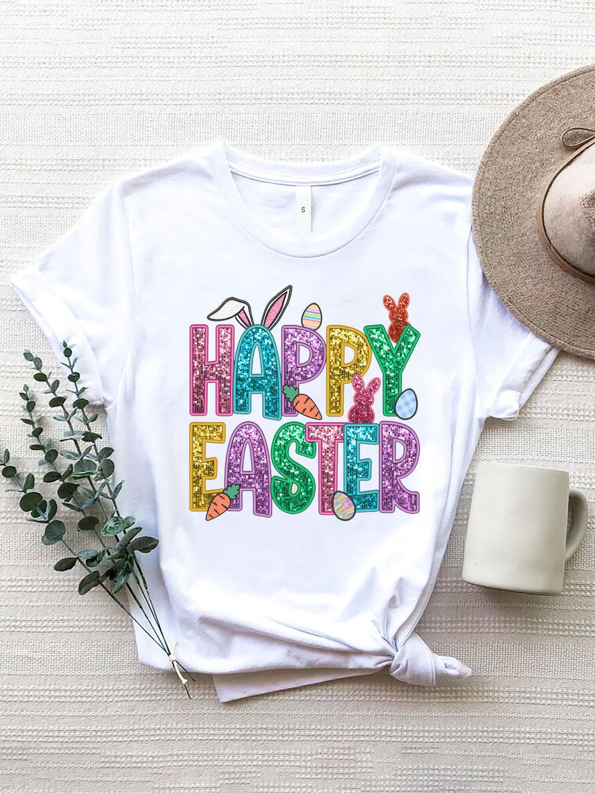 Easter T Shirt HAPPY EASTER Round Neck Short Sleeve T-Shirt Easter Gifts