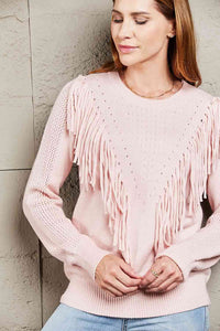 Fringe Long Sleeve Shirt Detail Ribbed Trim Sweater