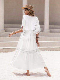 Tassel Trim Smocked V-Neck Short Sleeve Maxi Dress