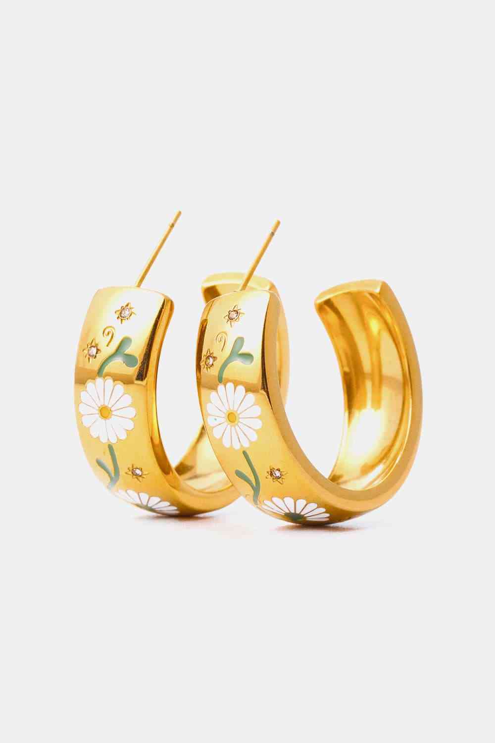 Flower Hoop Earrings Stainless Steel 18K Gold Plated Ring Shape C-Hoop Earrings