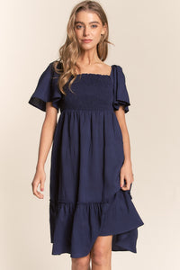 Navy Blue Dress Women's Fashion Casual Backless Short Sleeve Smocked Bow Back Ruffle Hem Dress KESLEY